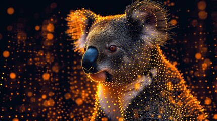 Fototapeta premium a close up of a koala bear on a black background with yellow dots on it's face and neck, with a blurry background of yellow dots in the foreground.
