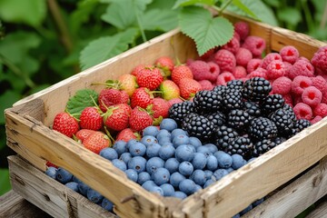 Fresh ripe berries in wooden crate in the garden