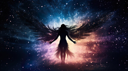 Fototapeta na wymiar silhouette of beautiful fantasy angel woman in heaven and on star night background
