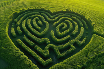 heart-shaped maze in a lush, green field