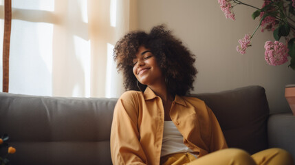 Happy afro american woman relaxing on the sofa at home