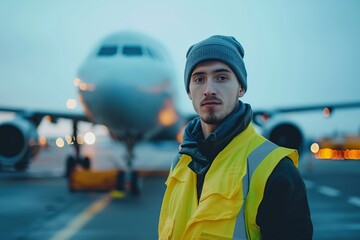 Airport worker in vest standing in airfield with airplane on background - obrazy, fototapety, plakaty