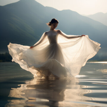 light painting photo ballet dancer dancing on the lake