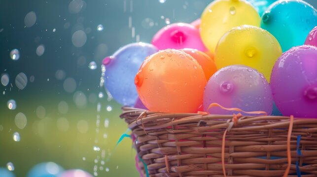 Colorful water balloons in a basket