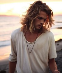 A young man with long hair stands on the beach, surrounded by soft lighting and a gentle breeze, creating a dreamlike atmosphere. Generative AI.
