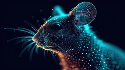  a close up of a mouse's face with dots on it's face and a black background with a blue and yellow dot pattern on the top of the mouse's head.