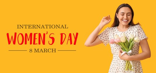 Beautiful young woman with bouquet of tulips on yellow background. Banner for International Women's Day