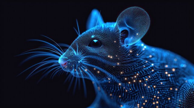  a computer generated image of a rat with glowing lights on it's face and tail, sitting in front of a black background, with a blue hued background.