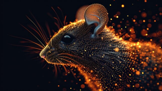  a computer generated image of a rat's head with a black background and yellow and orange lights in the bottom 