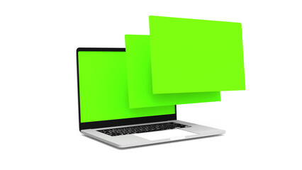 laptop computer notebook device with blank green multiple screen display isolated 3d realistic render