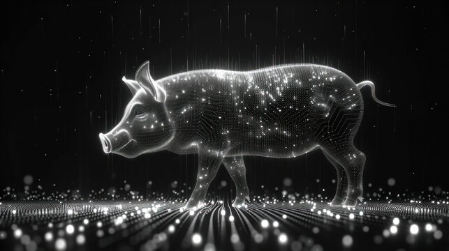  a black and white photo of a cow standing in the middle of a room with a lot of lights on the floor and a rain falling down on the floor.