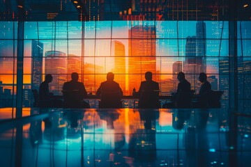 a business meeting in progress, silhouettes of corporate executives are superimposed over the digital stock market data reflecting on the glass window - obrazy, fototapety, plakaty