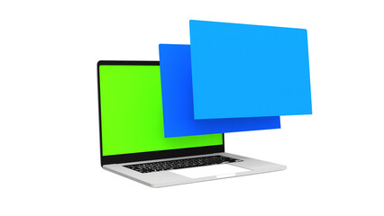 laptop computer notebook device with blank green multiple screen display isolated 3d realistic render