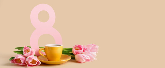 Beautiful bouquet of tulips, figure 8 and cup of tea on beige background with space for text. International Women's Day celebration