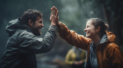 a man and woman giving each other a high five - obrazy, fototapety, plakaty