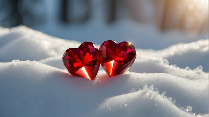 two red crystal heart in snow, bokeh background