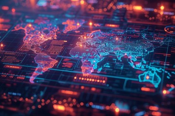 A detailed digital world map displayed in a control center for global cybersecurity monitoring, with dynamic lighting reflecting real-time data breaches and cyber attacks