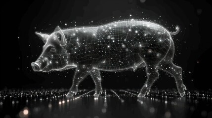  a pig standing in the middle of a black and white photo with lines and dots in the shape of a pig on top of a black background with white dots.