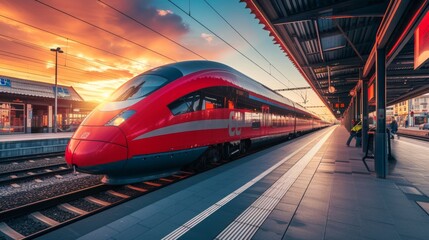 High speed train on the train station at sunset in Vienna, Austria. Beautiful red modern intercity passenger train on the railway platform, buildings. Side view. Railroad. Commercial transportation - obrazy, fototapety, plakaty