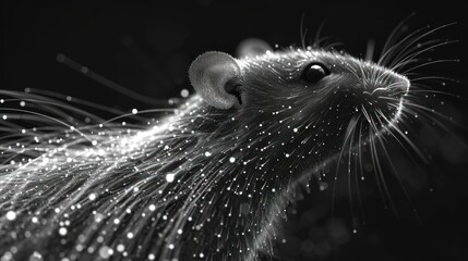  a black and white photo of a rodent's head with bubbles of water on it's back end and a black background with white dots on it.