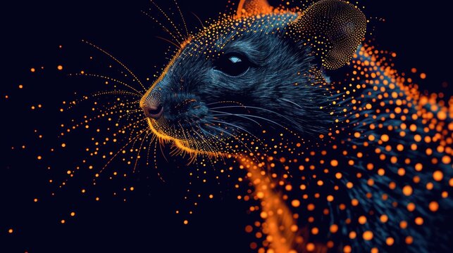  a black rat with orange spots on it's face and a black background with orange spots on it's face and a black background with orange dots on it.