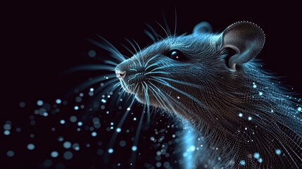  a close up of a rat's face with snow flakes on the back of the rat's head and a black background of snow flakes on the back ground.