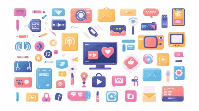 Internet stuff set. Online media, digital virtual content, social networks, TV news bundle. Information technology, likes, emojis and messages. Flat vector illustrations isolated on white background
