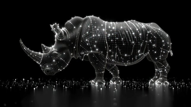  a rhinoceros standing in the middle of a black and white photo with a lot of lights on it's face and a black background that is reflected in the water.