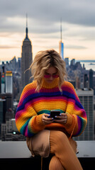 a woman sitting on a ledge looking at her phone