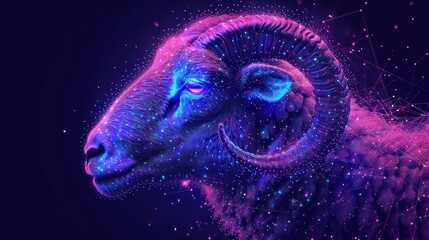  a close up of a sheep's head with a lot of stars in the background and a blue light in the middle of the ram's face,.