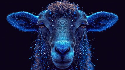  a close up of a sheep's face with a lot of blue dots on it's face and the sheep's head is looking at the camera.