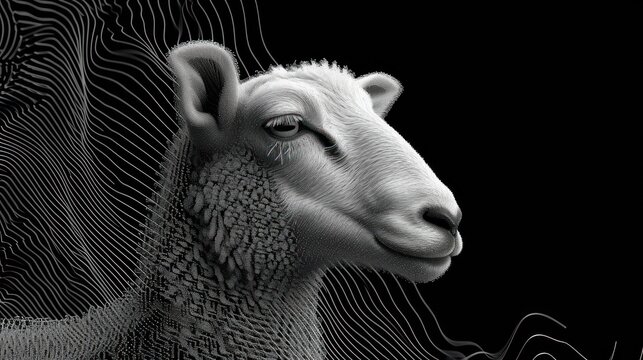  a black and white photo of a sheep's head with a wavy pattern on the back of the sheep's head and the sheep's head is facing away from the camera.
