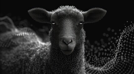  a black and white photo of a sheep's face with a blurry background of dots in the shape of a rectangle of a sheep's head.