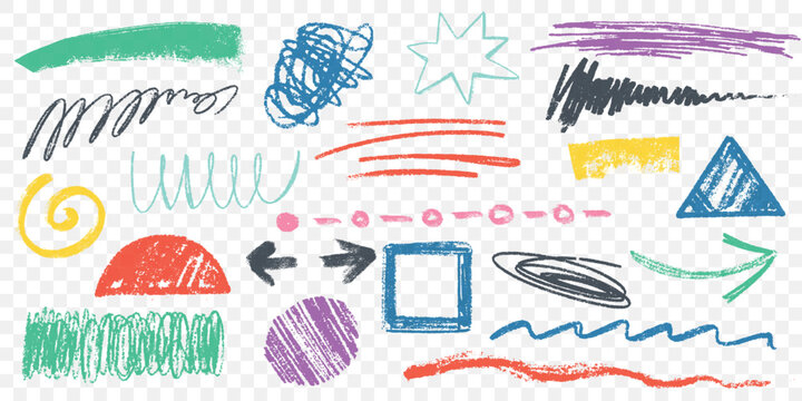 Hand drawn charcoal pencil squiggles, wavy lines and shapes. Color rough crayon strokes, arrows and curly scribbles collection. Freehand chalk smear, marker stripes and circles. Childish drawing set.
