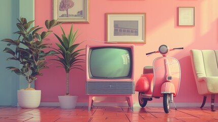 old television in pink color and old stuff writer radio scooter bicycle in colorful pastel tone 3d rendering