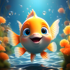 Cute smiling orange fish, beautiful colourful underwater background with illuminated sea bed, sea plants and air bubbles, cartoon, for kids, children's items and occasions