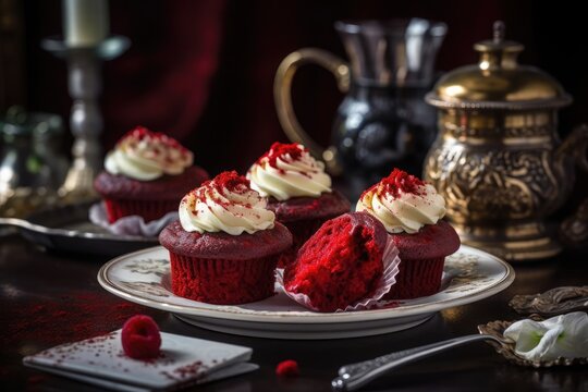 Red Velvet cupcakes served on ornate plate.