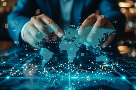 business leader strategizing over a digital map of the world, indicative of the global reach of modern corporations