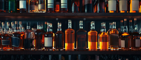 Backlit bottles of spirits on a bar shelf, highlighting a variety of refined alcoholic beverages