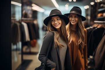 Zwei hübsche lachende Frauen in der Stradt beim Shoppen, Lifestyle und Mode Einkaufen mit Einkaufstaschen