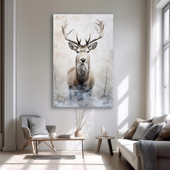 create an abstract painting of the most beautiful stag elk with large antlers emerging from fog on a textured white background