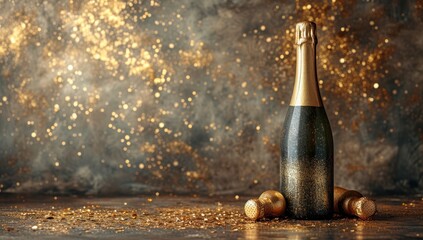 Fototapeta premium A glimmering bottle of bubbly rests upon the damp earth, reflecting the natural beauty of an outdoor celebration