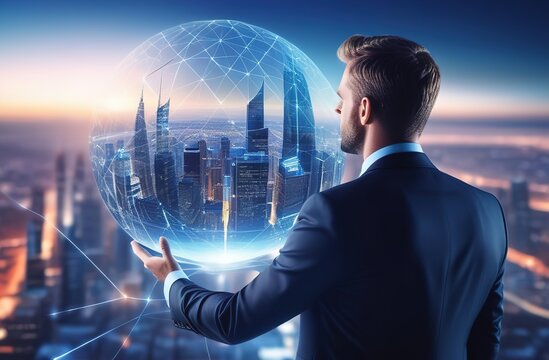 businessman touching virtual screen with globe