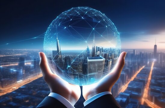 businessman touching virtual screen with globe