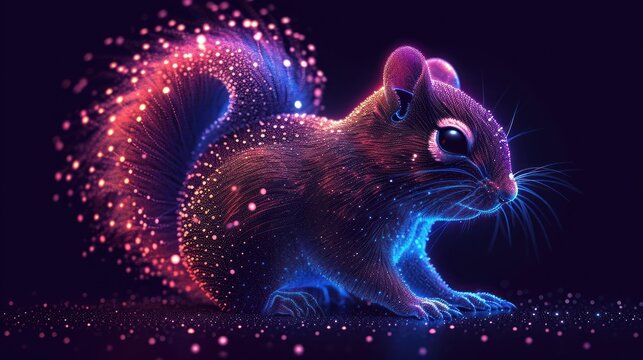  a computer generated image of a squirrel on a dark background with colorful lights and sparkles in the shape of a ball of firework ornamenturine.