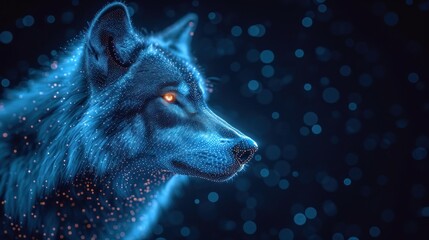  a close up of a wolf's face on a dark background with small dots of light coming out of it's eyes and the wolf's head.