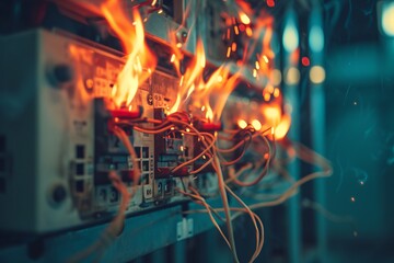 Close-Up of a Burning Switchboard and Circuit Breakers on a Wall - obrazy, fototapety, plakaty