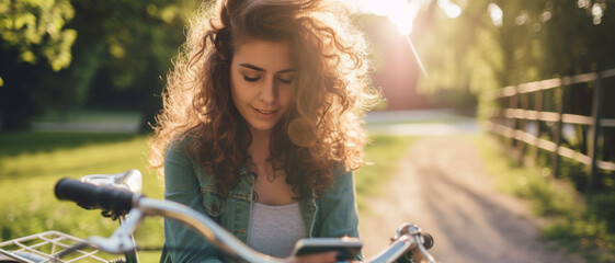 Fototapeta premium Curly-haired woman checking her phone on a sunlit path with her bicycle