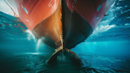 Propeller and rudder of big ship underway from underwater. Close up image detail of ship. Transportation industry. Freight transportation. Ship repair, underwater survey and shipping business concept - obrazy, fototapety, plakaty