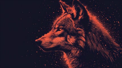  a close up of a wolf's head on a black background with red and black stars in the sky behind it and the wolf's head is looking to the left.